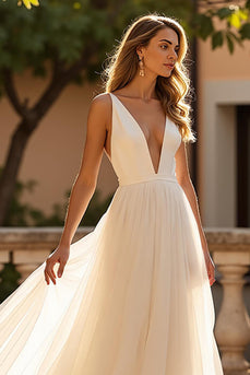Ivory Deep V-Neck A Line Sweep Train Wedding Dress