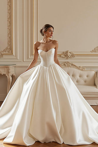 Women Ivory Corset Ball Gown Long Wedding Dress Sweetheart Satin Bridal Dress