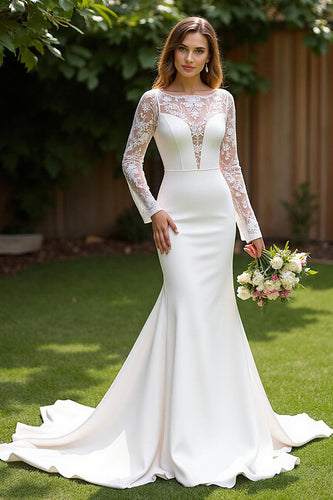 Ivory Corset Long Sleeves Mermaid Sweep Train Wedding Dress with Lace