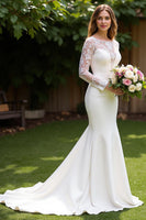 Load image into Gallery viewer, Ivory Corset Long Sleeves Mermaid Sweep Train Wedding Dress with Lace