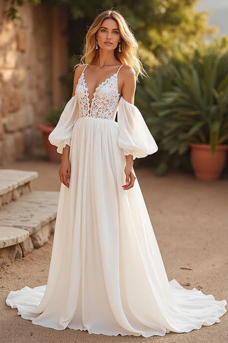 Ivory Detachable Sleeves Sweep Train Boho Wedding Dress with Lace