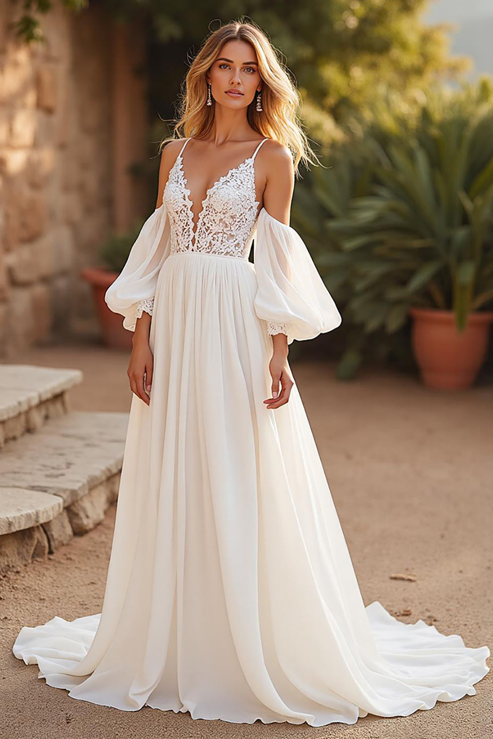 Ivory Detachable Sleeves Sweep Train Boho Wedding Dress with Lace