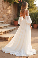 Load image into Gallery viewer, Ivory Detachable Sleeves Sweep Train Boho Wedding Dress with Lace