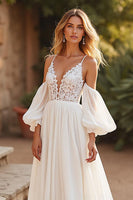 Load image into Gallery viewer, Ivory Detachable Sleeves Sweep Train Boho Wedding Dress with Lace