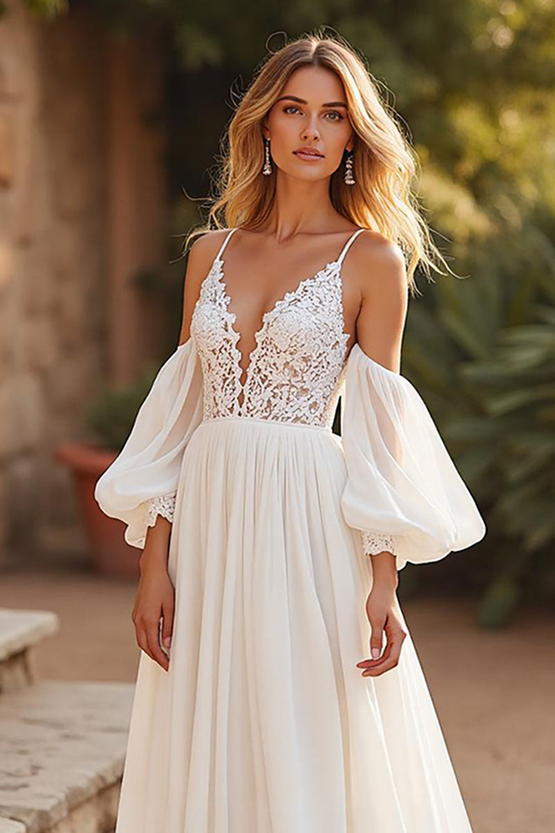 Load image into Gallery viewer, Ivory Detachable Sleeves Sweep Train Boho Wedding Dress with Lace