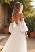 Load image into Gallery viewer, Ivory Detachable Sleeves Sweep Train Boho Wedding Dress with Lace