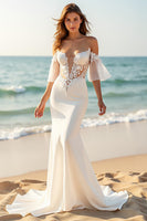 Load image into Gallery viewer, Ivory Satin Mermaid Flare Sleeves Sweep Train Wedding Dress with Lace