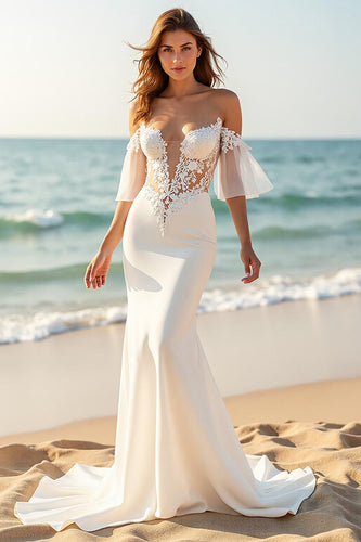 Ivory Satin Mermaid Flare Sleeves Sweep Train Wedding Dress with Lace
