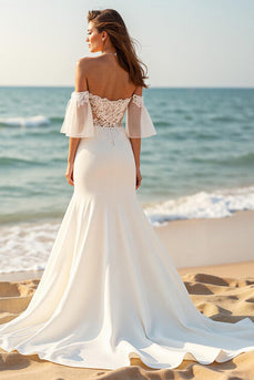 Ivory Satin Mermaid Flare Sleeves Sweep Train Wedding Dress with Lace