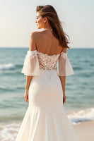Load image into Gallery viewer, Ivory Satin Mermaid Flare Sleeves Sweep Train Wedding Dress with Lace
