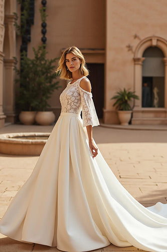 Ivory 3/4 Sleeves Satin Sweep Train Wedding Dress with Lace