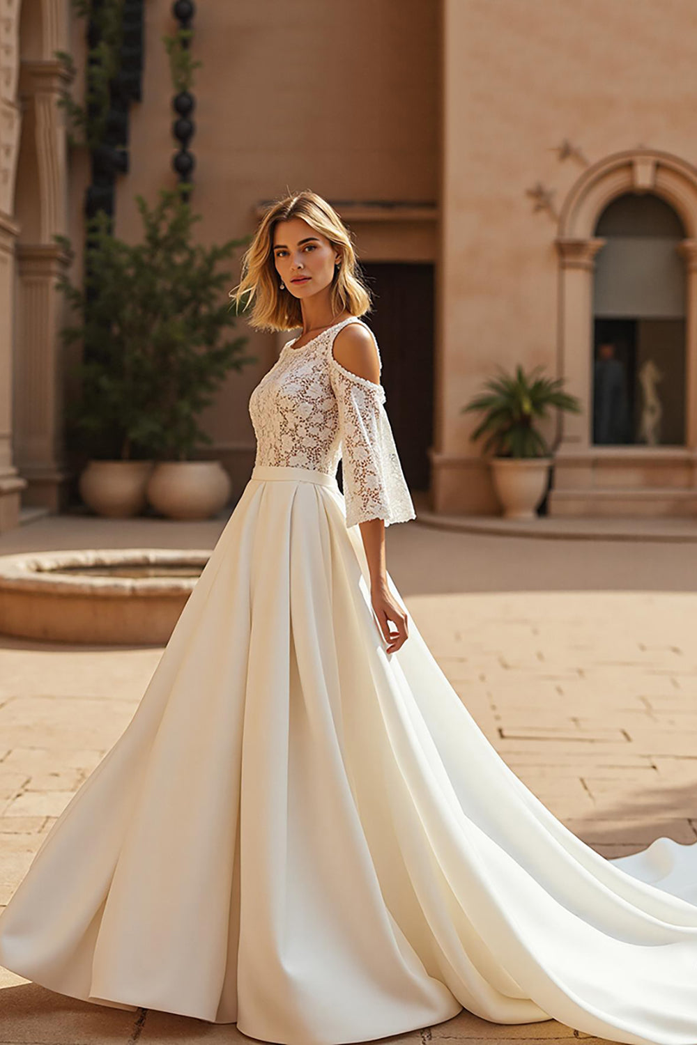 Ivory 3/4 Sleeves Satin Sweep Train Wedding Dress with Lace