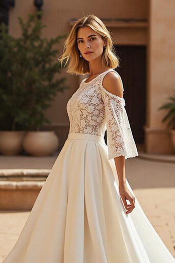 Ivory 3/4 Sleeves Satin Sweep Train Wedding Dress with Lace