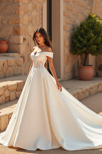 Ivory Off the Shoulder Satin A Line Sweep Train Wedding Dress with Lace