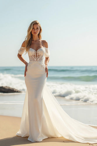 Ivory Satin Mermaid Sweep Train Wedding Dress with Lace