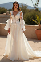 Load image into Gallery viewer, Ivory Ruffled Chiffon Boho Sweep Train Wedding Dress with Sleeves
