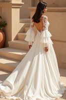 Load image into Gallery viewer, Ivory Ruffled Chiffon Boho Sweep Train Wedding Dress with Sleeves