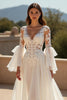 Load image into Gallery viewer, Ivory Ruffled Chiffon Boho Sweep Train Wedding Dress with Sleeves