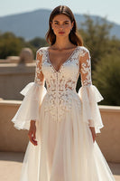 Load image into Gallery viewer, Ivory Ruffled Chiffon Boho Sweep Train Wedding Dress with Sleeves