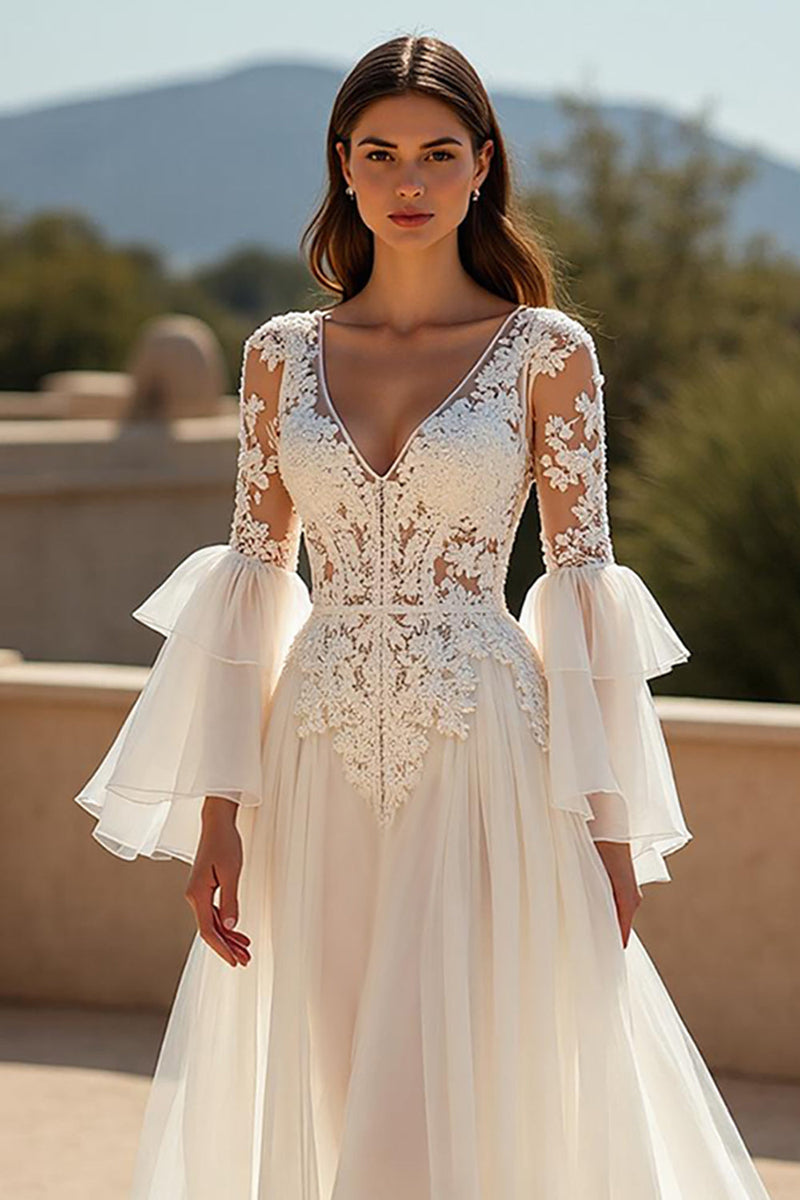 Load image into Gallery viewer, Ivory Ruffled Chiffon Boho Sweep Train Wedding Dress with Sleeves