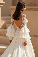 Load image into Gallery viewer, Ivory Ruffled Chiffon Boho Sweep Train Wedding Dress with Sleeves