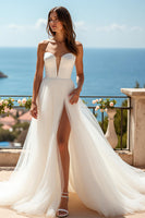 Load image into Gallery viewer, Ivory Tulle Sweetheart Sweep Train Wedding Dress with Slit