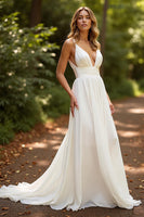 Load image into Gallery viewer, Simple Ivory Deep V-Neck Chiffon Boho Sweep Train Wedding Dress