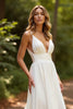 Load image into Gallery viewer, Simple Ivory Deep V-Neck Chiffon Boho Sweep Train Wedding Dress