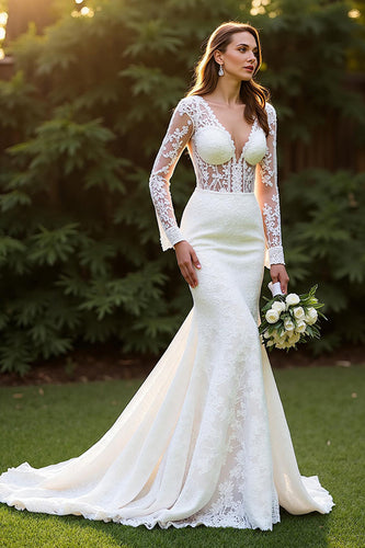 Ivory Lace Long Sleeves Mermaid Sweep Train Wedding Dress