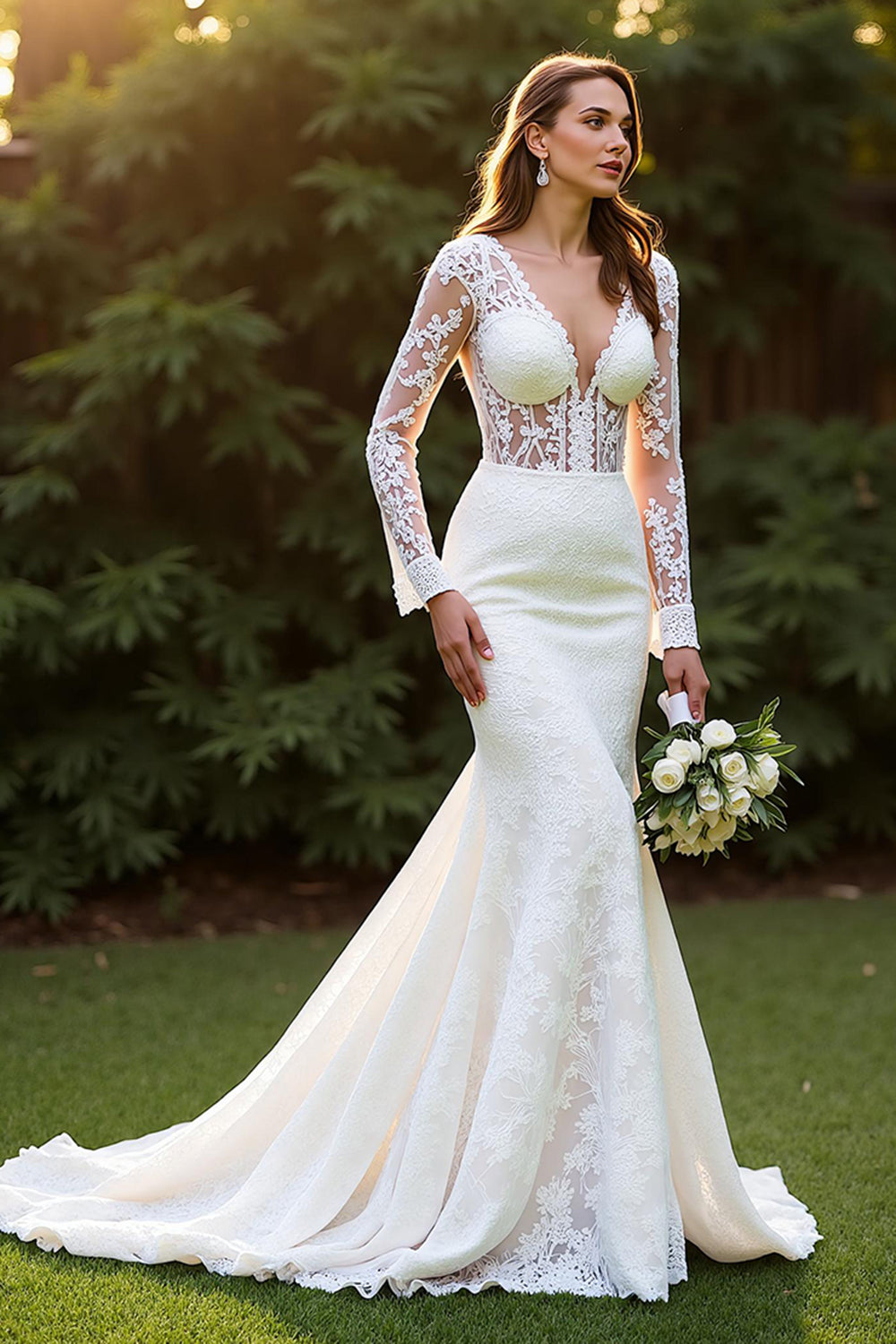 Ivory Lace Long Sleeves Mermaid Sweep Train Wedding Dress