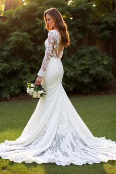 Ivory Lace Long Sleeves Mermaid Sweep Train Wedding Dress