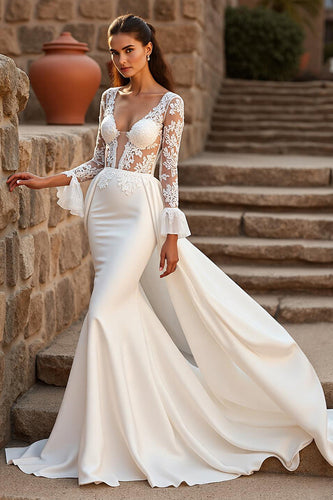 Ivory Mermaid Long Sleeves Sweep Train Wedding Dress with Ruffles