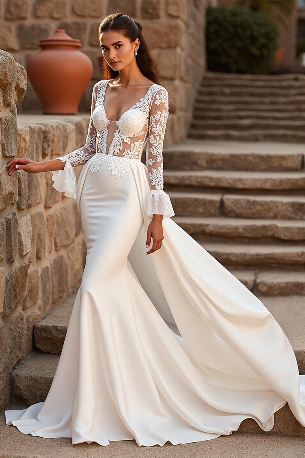 Ivory Mermaid Long Sleeves Sweep Train Wedding Dress with Ruffles