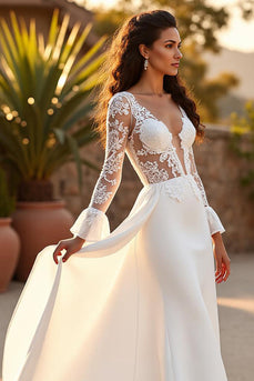 Ivory Mermaid Long Sleeves Sweep Train Wedding Dress with Ruffles