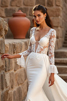Load image into Gallery viewer, Ivory Mermaid Long Sleeves Sweep Train Wedding Dress with Ruffles
