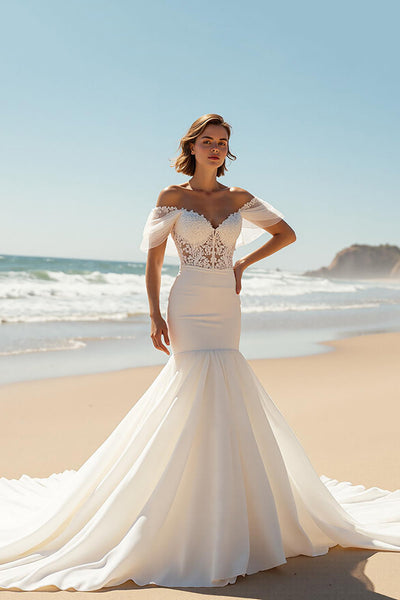 Ivory Off the Shoulder Mermaid Sweep Train Wedding Dress with Lace