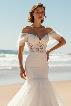 Ivory Off the Shoulder Mermaid Sweep Train Wedding Dress with Lace