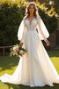 Load image into Gallery viewer, Ivory V-Neck Long Sleeves Boho Sweep Train Wedding Dress with Lace