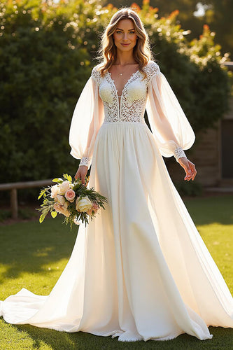 Ivory V-Neck Long Sleeves Boho Sweep Train Wedding Dress with Lace
