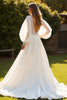 Load image into Gallery viewer, Ivory V-Neck Long Sleeves Boho Sweep Train Wedding Dress with Lace