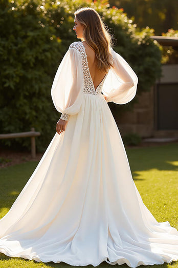 Ivory V-Neck Long Sleeves Boho Sweep Train Wedding Dress with Lace