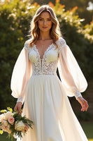 Load image into Gallery viewer, Ivory V-Neck Long Sleeves Boho Sweep Train Wedding Dress with Lace