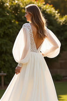 Load image into Gallery viewer, Ivory V-Neck Long Sleeves Boho Sweep Train Wedding Dress with Lace