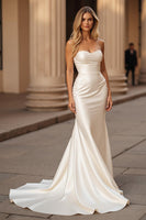 Load image into Gallery viewer, Simple Ivory Satin Sweetheart Mermaid Sweep Train Wedding Dress