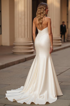 Simple Ivory Satin Sweetheart Mermaid Sweep Train Wedding Dress