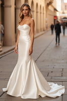 Load image into Gallery viewer, Simple Ivory Satin Sweetheart Mermaid Sweep Train Wedding Dress