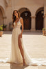 Load image into Gallery viewer, Ivory Sheath V-Neck Boho Sweep Train Wedding Dress with Slit