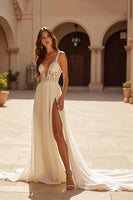 Load image into Gallery viewer, Ivory Sheath V-Neck Boho Sweep Train Wedding Dress with Slit
