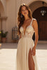Load image into Gallery viewer, Ivory Sheath V-Neck Boho Sweep Train Wedding Dress with Slit