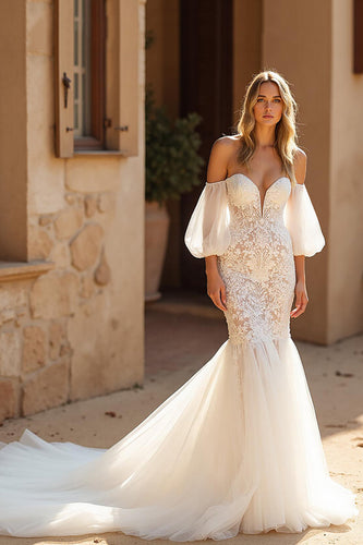 Ivory Mermaid Lace Sweep Train Wedding Dress with Sleeves